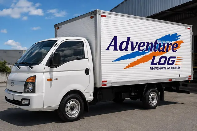 Caminhão baú branco da frota Adventure Log estacionado em frente ao galpão.